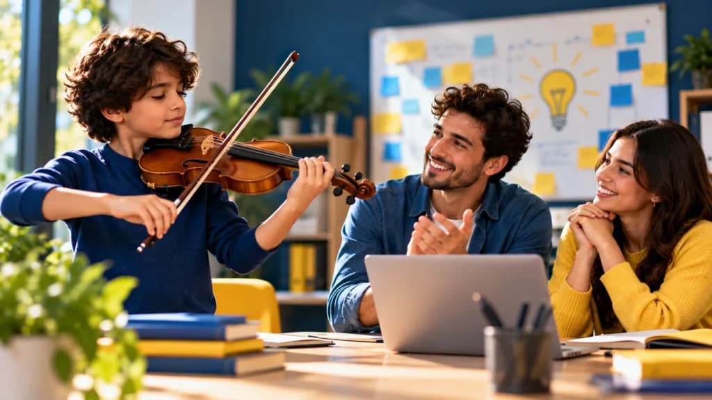 A talented young violinist performs while two adults admire and encourage his achievement.