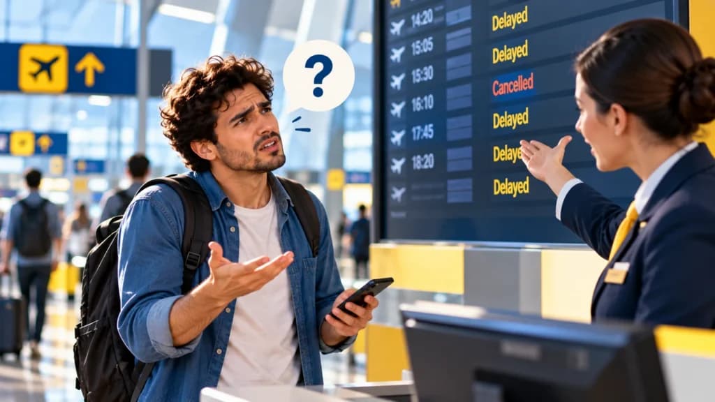 A confused traveler asks an airport staff member to clarify flight information displayed on a departure board.