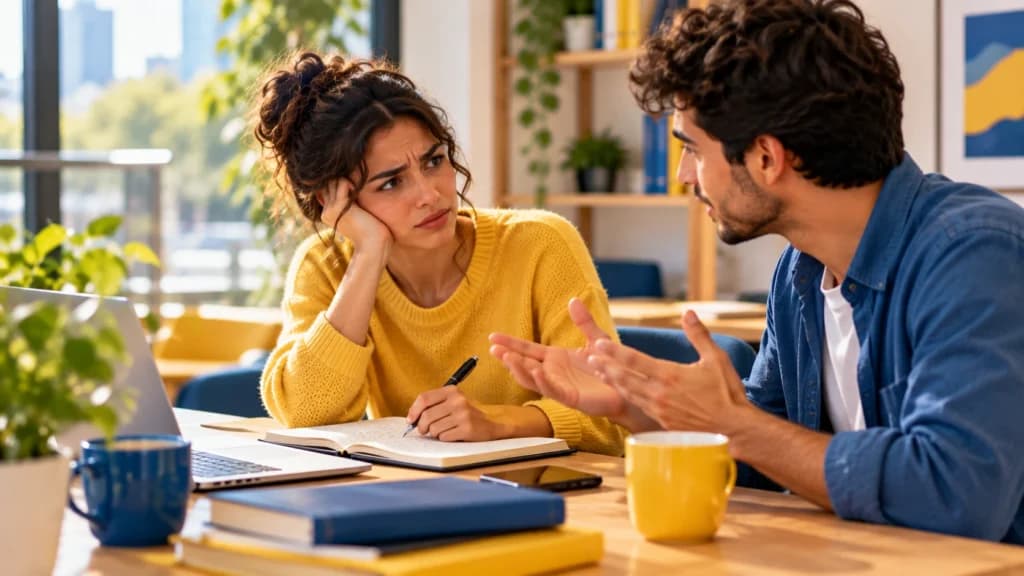 An annoyed learner reacts to a vexing conversation while a partner explains.