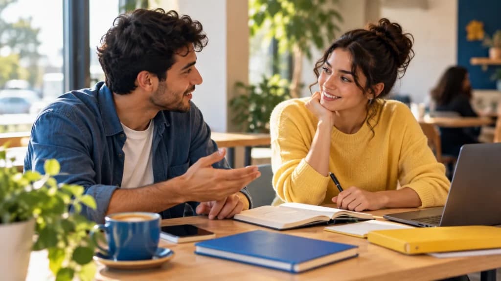 Two English learners practising a conversation together in a bright café